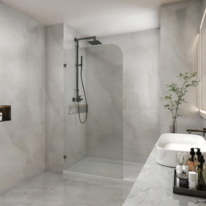 COVEY FRAMELESS WALK IN SINGLE PANEL WITH CURVED CORNER SHOWER SCREEN GUN METAL
