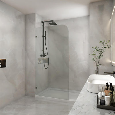 COVEY FRAMELESS WALK IN SINGLE PANEL WITH CURVED CORNER SHOWER SCREEN GUN METAL