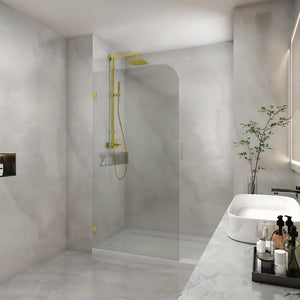 COVEY FRAMELESS WALK IN SINGLE PANEL WITH CURVED CORNER SHOWER SCREEN LIGHT GOLD