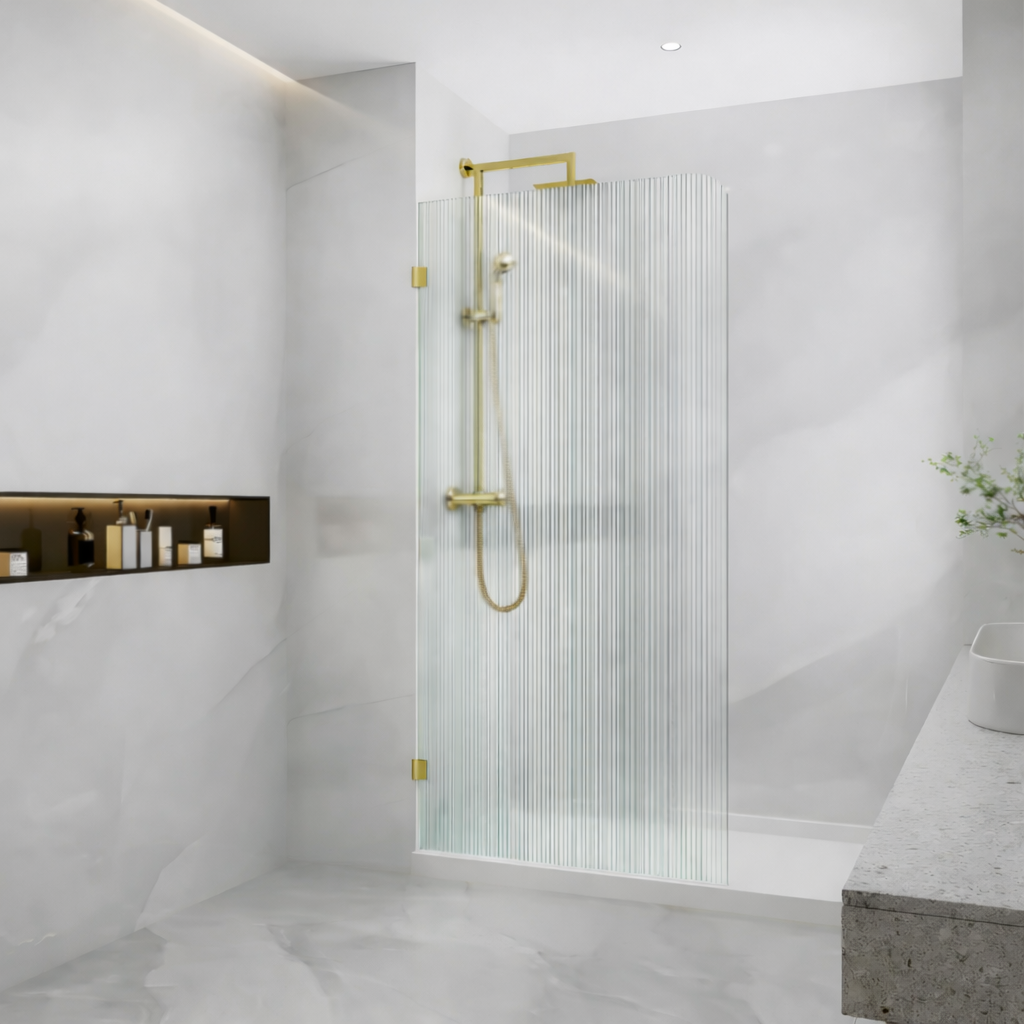 COVEY FRAMELESS WALK IN SINGLE PANEL CURVED CORNER FLUTED / NARROWLINE SHOWER SCREEN BRUSHED GOLD