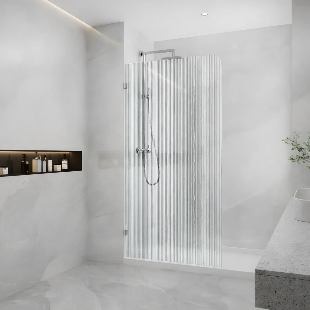 COVEY FRAMELESS WALK IN SINGLE PANEL CURVED CORNER FLUTED / NARROWLINE SHOWER SCREEN CHROME