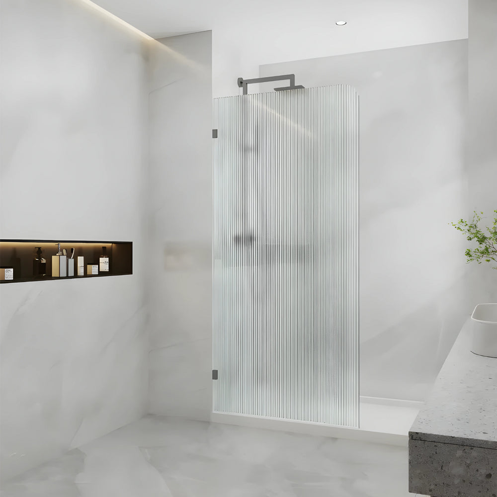 COVEY FRAMELESS WALK IN SINGLE PANEL CURVED CORNER FLUTED / NARROWLINE SHOWER SCREEN GUN METAL
