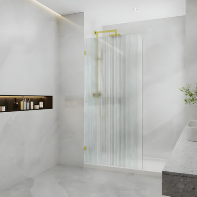 COVEY FRAMELESS WALK IN SINGLE PANEL CURVED CORNER FLUTED / NARROWLINE SHOWER SCREEN LIGHT GOLD