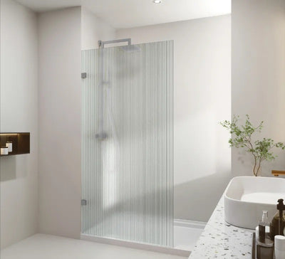 COVEY FRAMELESS WALK IN SINGLE PANEL NARROW LINE FLUTED GLASS SHOWER SCREEN BRUSHED NICKEL