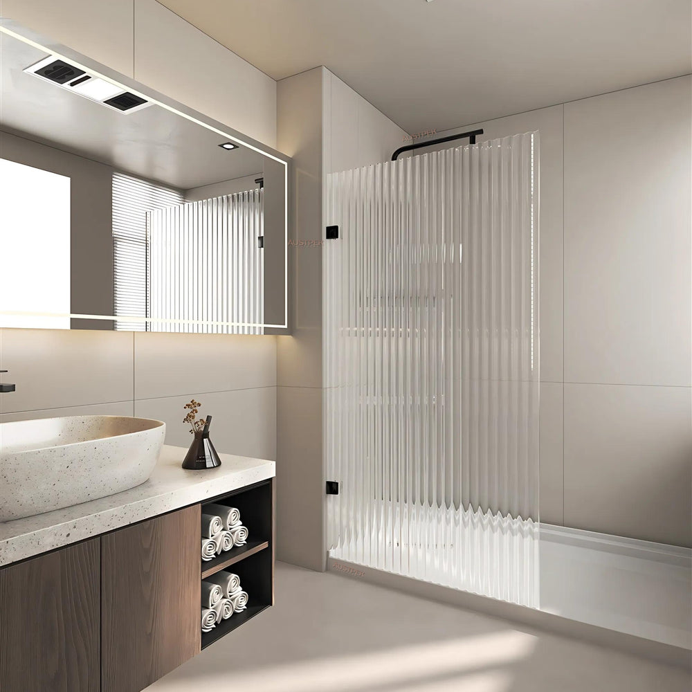 COVEY FRAMELESS WALK IN SINGLE PANEL NARROW LINE FLUTED GLASS SHOWER SCREEN MATTE BLACK
