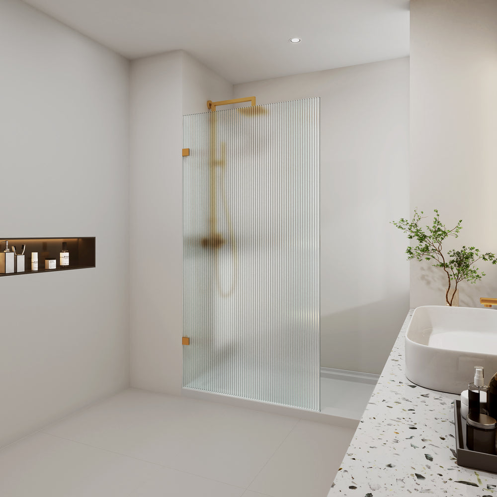 COVEY FRAMELESS WALK IN SINGLE PANEL NARROW LINE FLUTED GLASS SHOWER SCREEN BRUSHED GOLD