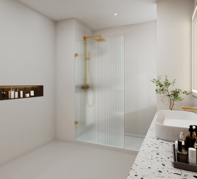 COVEY FRAMELESS WALK IN SINGLE PANEL NARROW LINE FLUTED GLASS SHOWER SCREEN BRUSHED GOLD