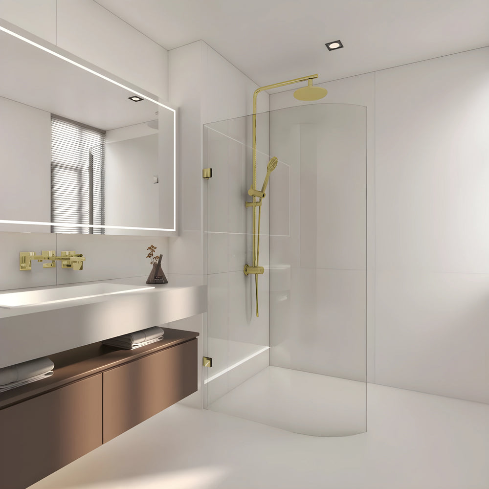 COVEY FRAMELESS WALK IN CURVED SINGLE PANEL SHOWER SCREEN LIGHT GOLD