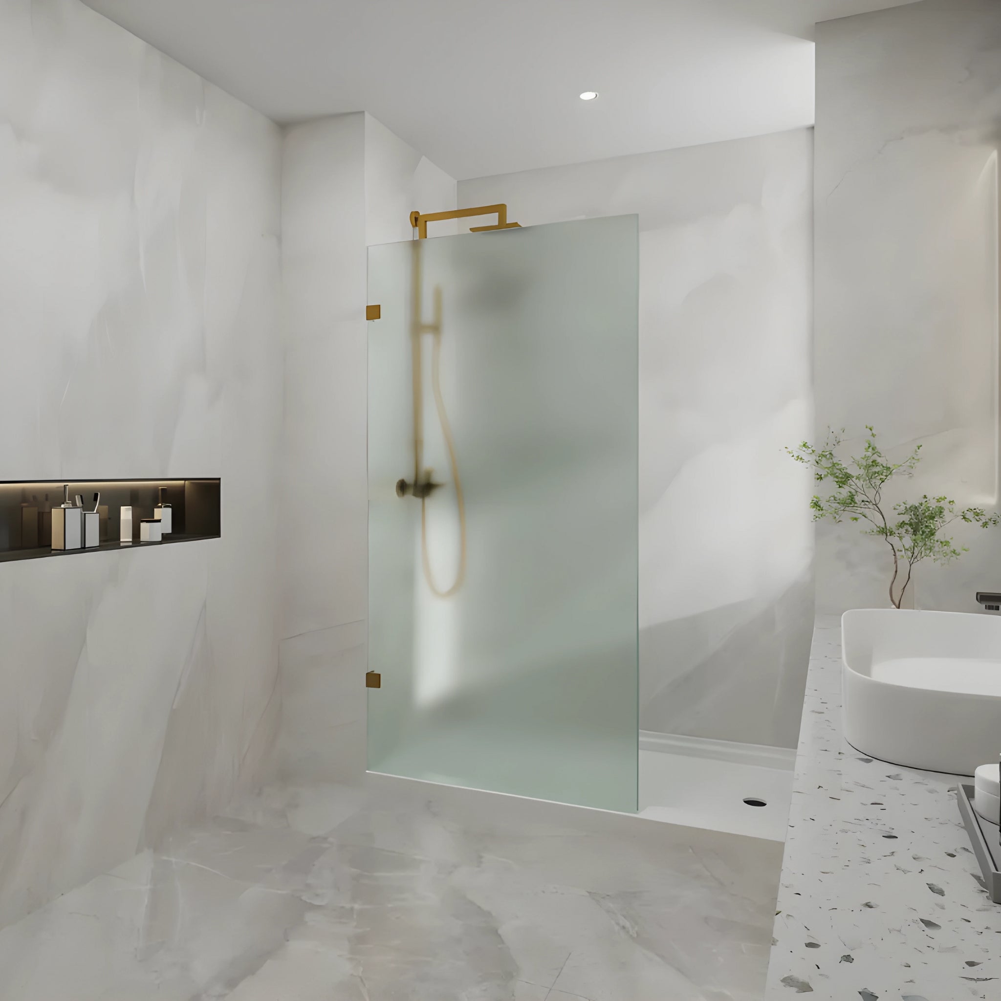 COVEY FRAMELESS WALK IN SINGLE PANEL FROSTED / MATRALUX SHOWER SCREEN BRUSHED GOLD