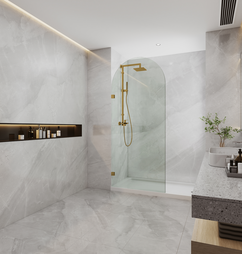 COVEY FRAMELESS ARCH WALK IN SINGLE FIX PANEL SHOWER SCREEN BRUSHED GOLD