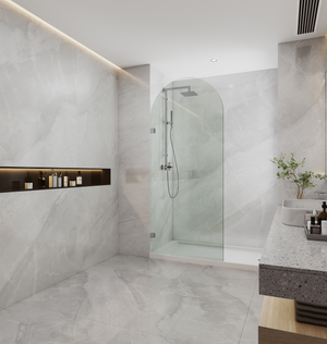 COVEY FRAMELESS ARCH WALK IN SINGLE FIX PANEL SHOWER SCREEN BRUSHED NICKEL