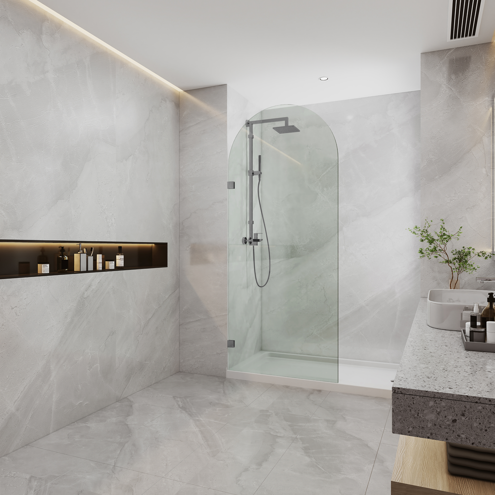 COVEY FRAMELESS ARCH WALK IN SINGLE FIX PANEL SHOWER SCREEN GUN METAL