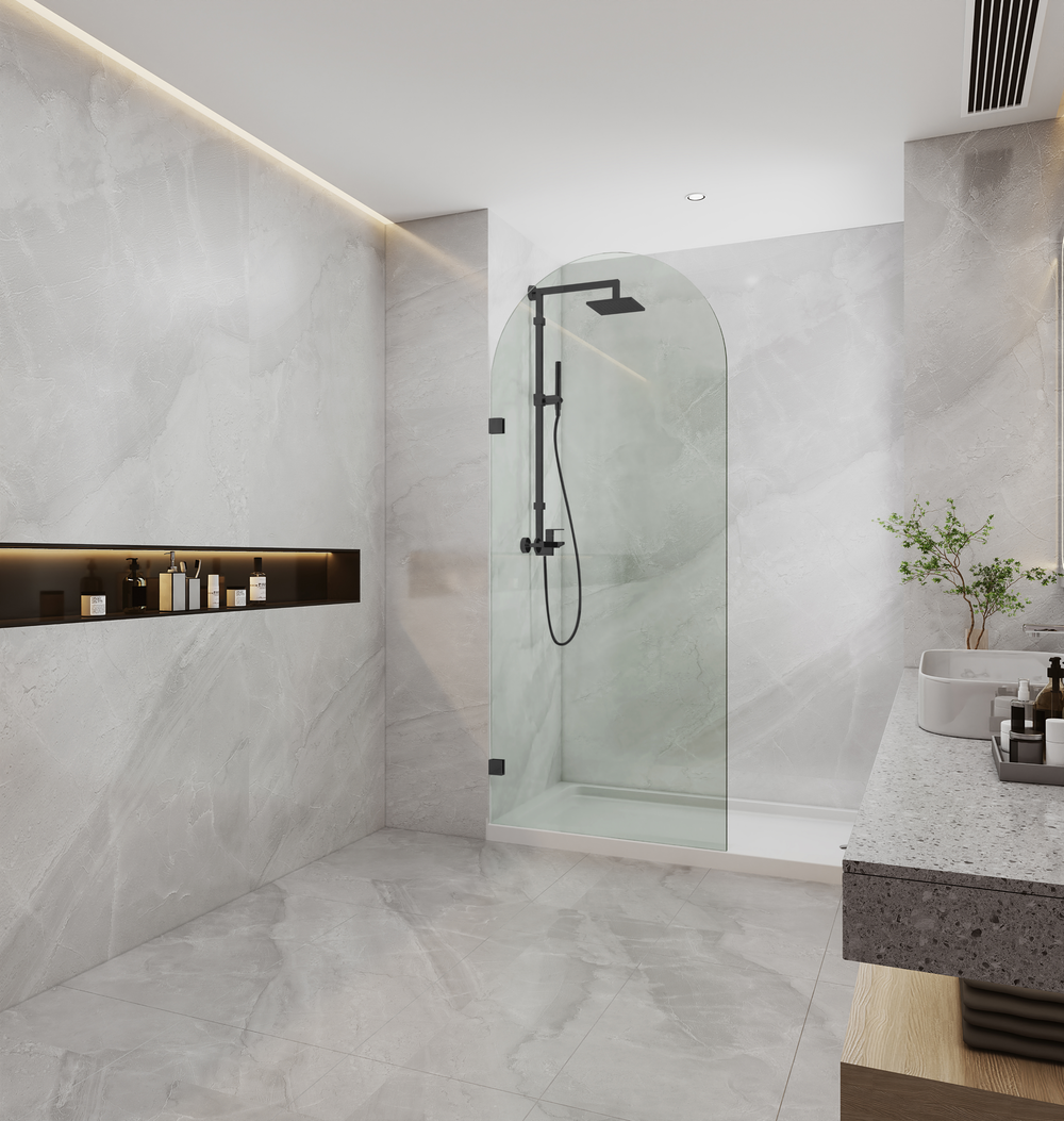 COVEY FRAMELESS ARCH WALK IN SINGLE FIX PANEL SHOWER SCREEN MATTE BLACK