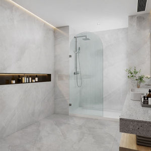 COVEY FRAMELESS ARCH WALK IN SINGLE PANEL FLUTED / NARROWLINE GLASS SHOWER SCREEN BRUSHED NICKEL