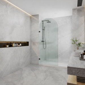 COVEY FRAMELESS ARCH WALK IN SINGLE PANEL FLUTED / NARROWLINE GLASS SHOWER SCREEN GUN METAL