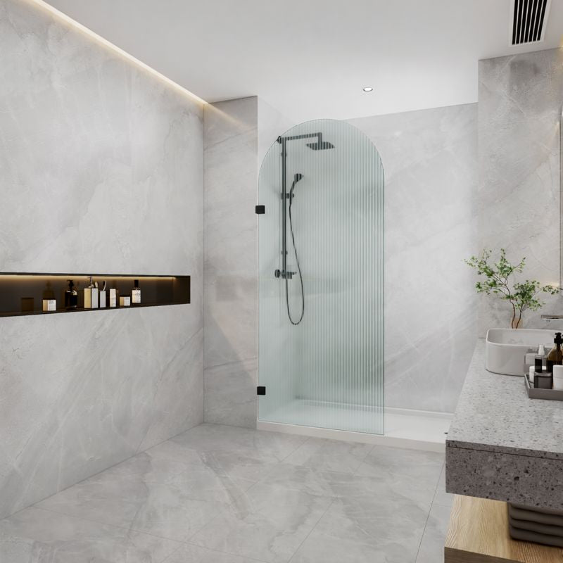 COVEY FRAMELESS ARCH WALK IN SINGLE PANEL FLUTED / NARROWLINE GLASS SHOWER SCREEN MATTE BLACK
