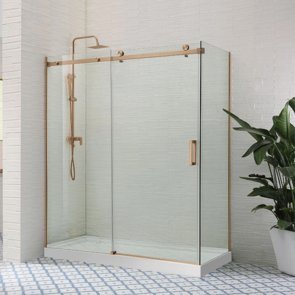COVEY WALL TO WALL FRAMELESS SINGLE SLIDING DOOR SHOWER SCREEN BRUSHED BRONZE