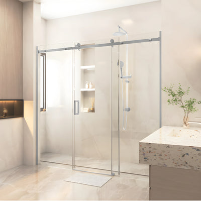 COVEY WALL TO WALL FRAMELESS 3 PANEL SINGLE SLIDING DOOR SHOWER SCREEN BRUSHED NICKEL