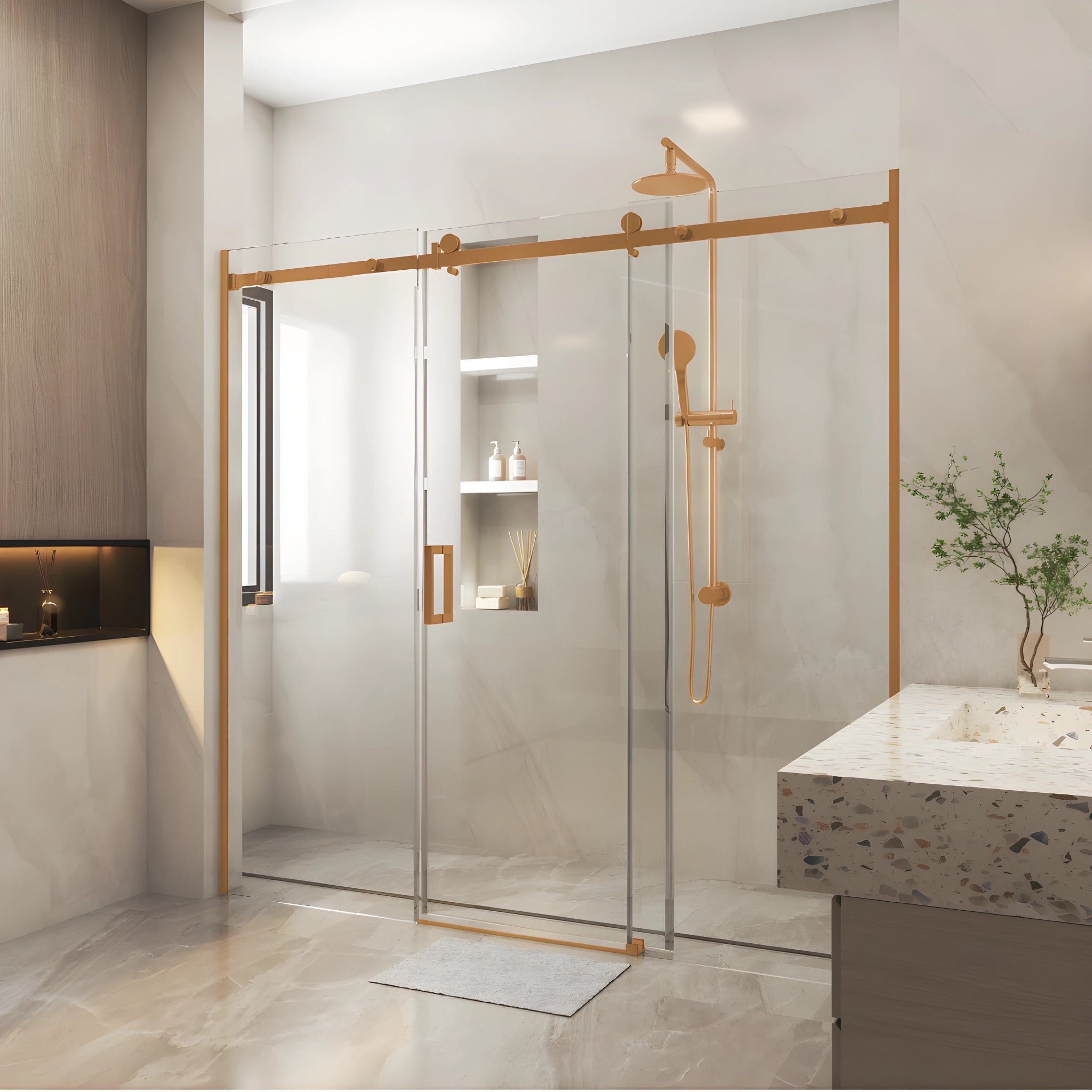 COVEY WALL TO WALL FRAMELESS 3 PANEL SINGLE SLIDING DOOR SHOWER SCREEN BRUSHED BRONZE