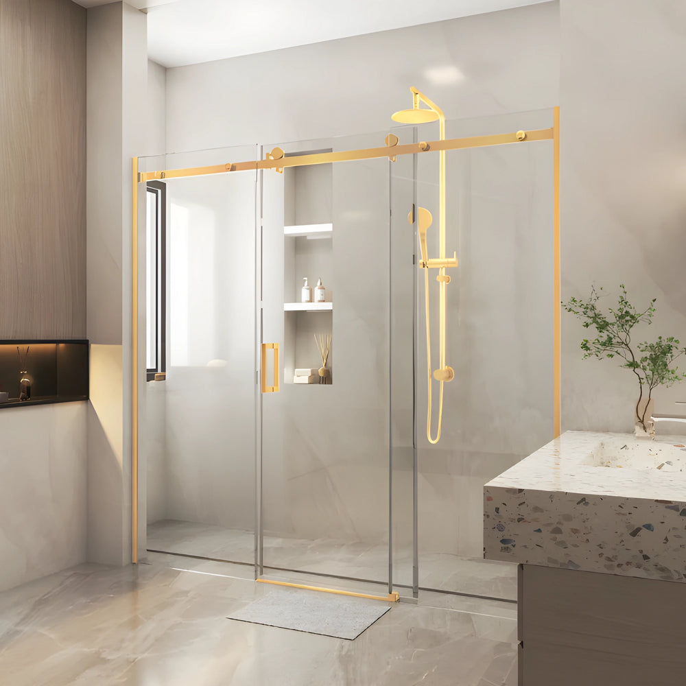 COVEY WALL TO WALL FRAMELESS 3 PANEL SINGLE SLIDING DOOR SHOWER SCREEN LIGHT GOLD