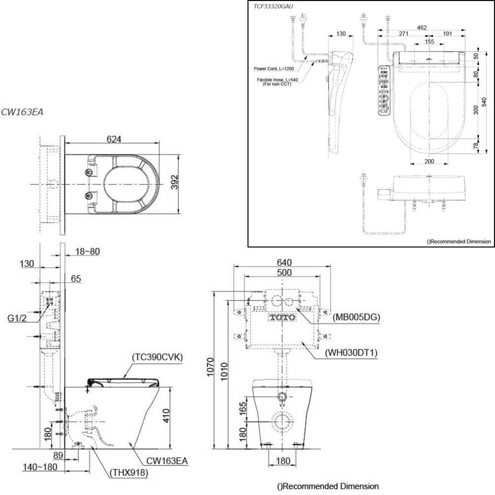 TOTO MH WALL FACED TOILET AND S2 WASHLET W/ SIDE CONTROL PACKAGE D-SHAPED GLOSS WHITE