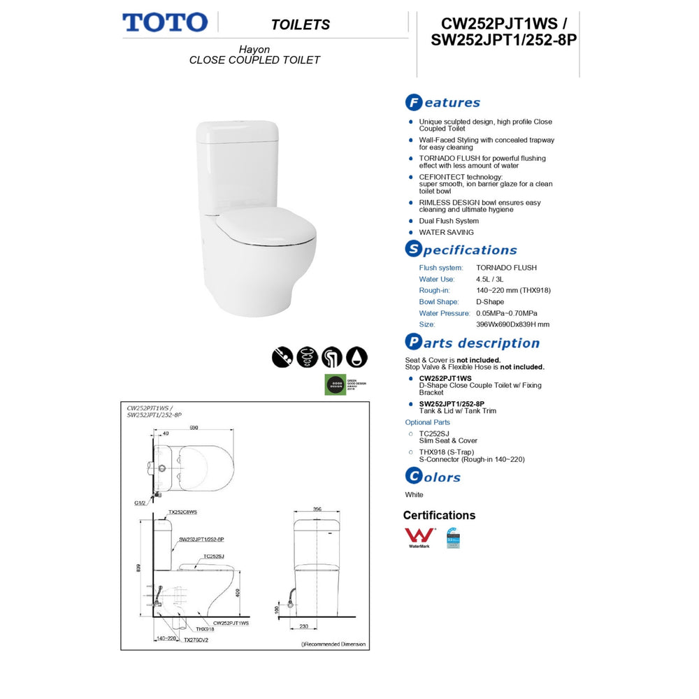 TOTO HAYON CLOSE COUPLED TOILET GLOSS WHITE