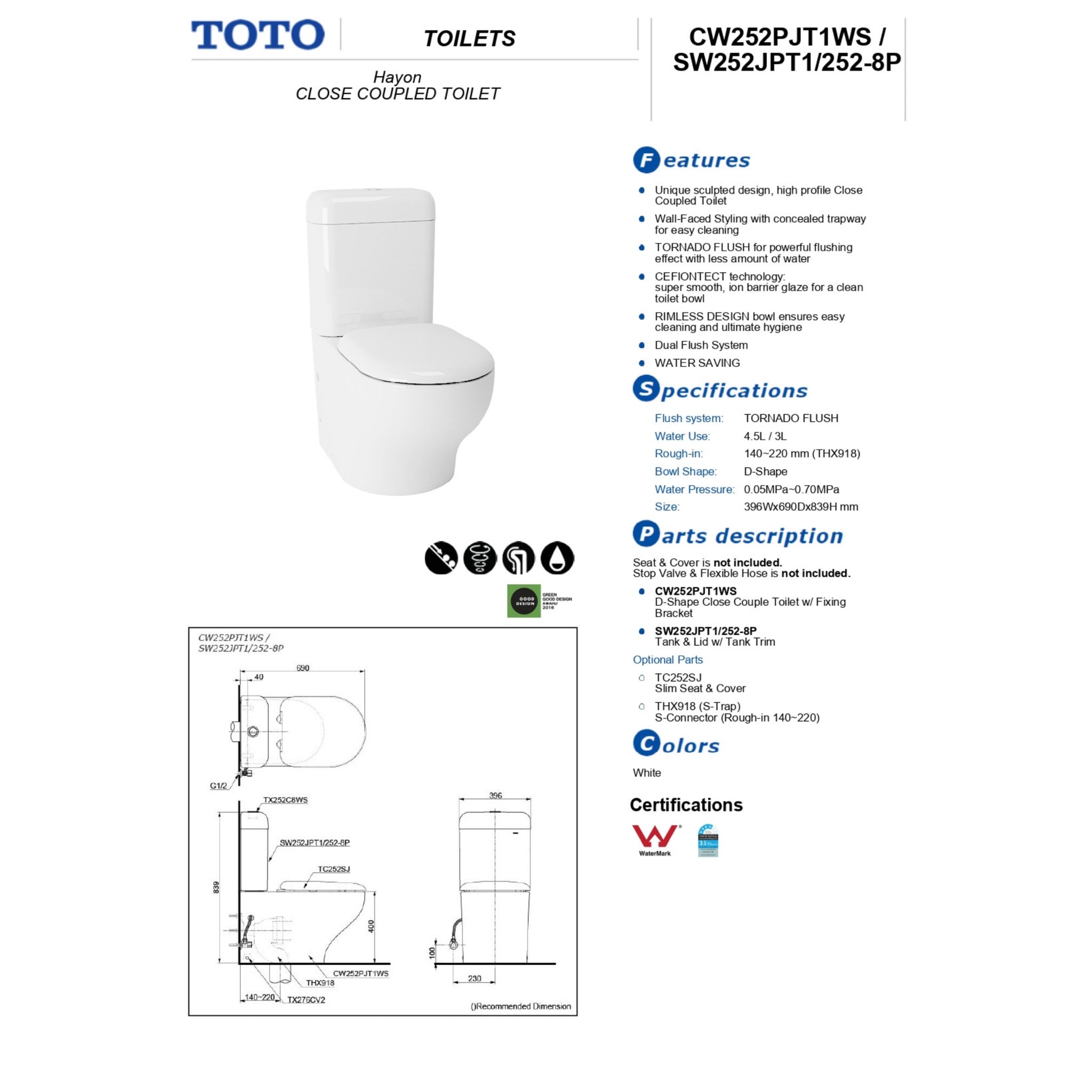 TOTO HAYON CLOSE COUPLED TOILET GLOSS WHITE