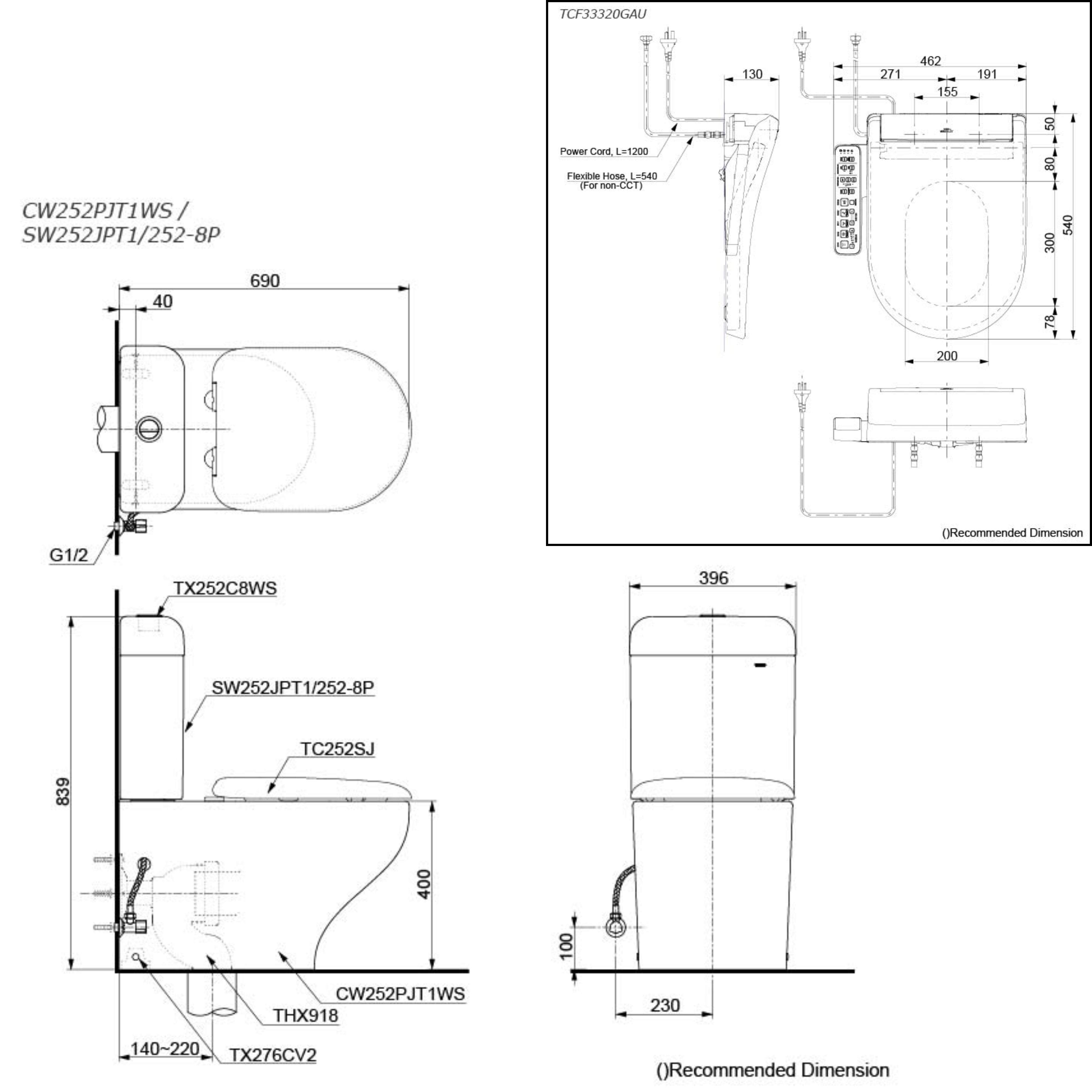 TOTO HAYON CLOSE COUPLED TOILET AND S2 WASHLET W/ SIDE CONTROL PACKAGE D-SHAPED GLOSS WHITE