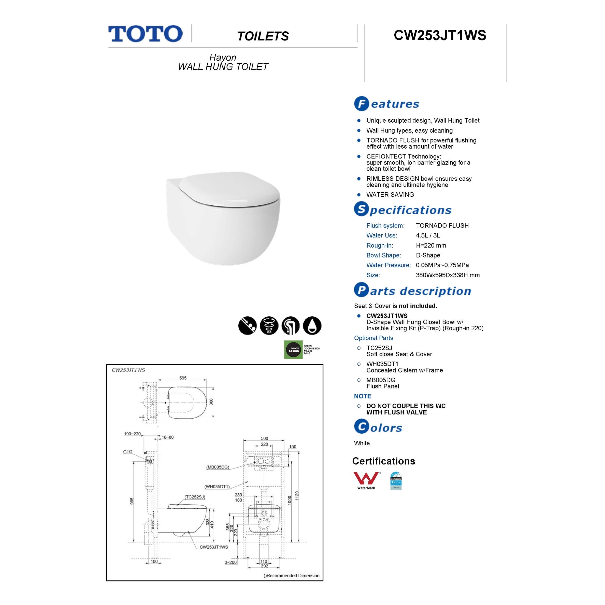 TOTO HAYON WALL HUNG TOILET (D-SHAPE) GLOSS WHITE