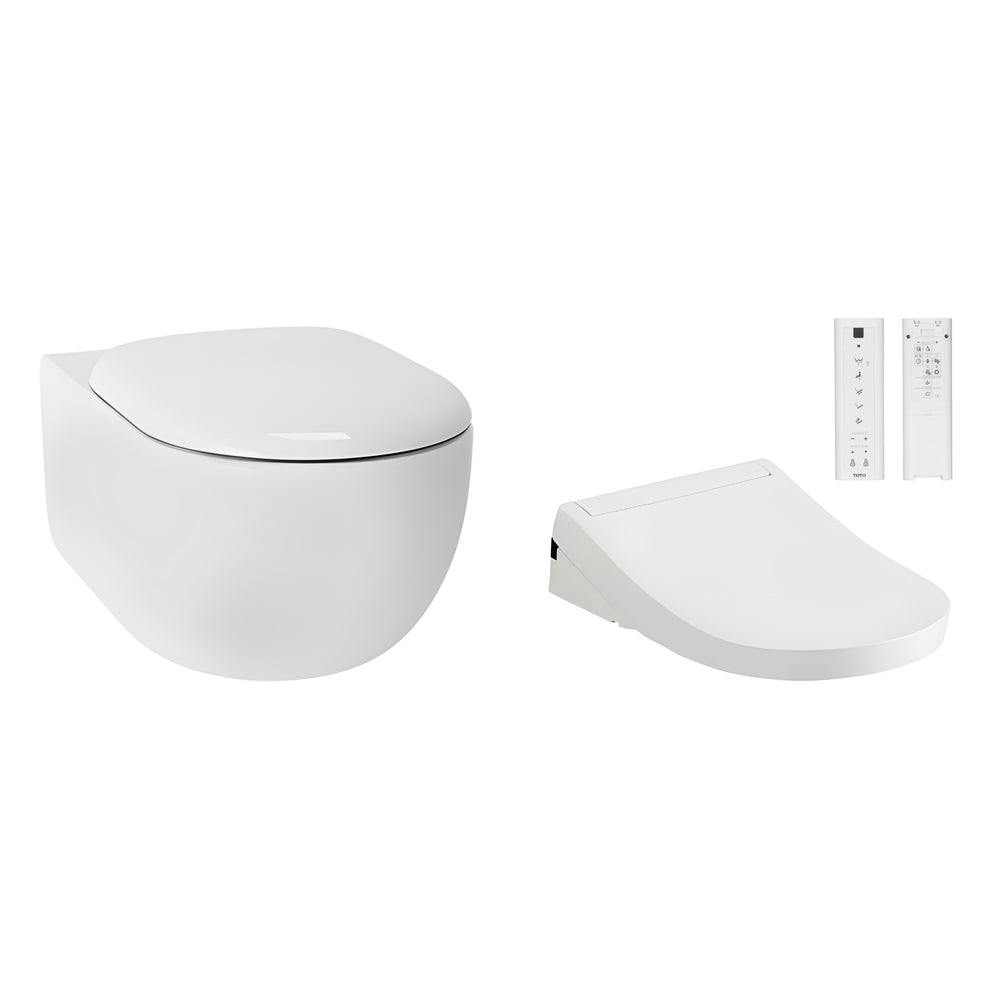 TOTO HAYON RIMLESS WALL HUNG TOILET AND S5 WASHLET W/ REMOTE CONTROL PACKAGE D-SHAPE GLOSS WHITE