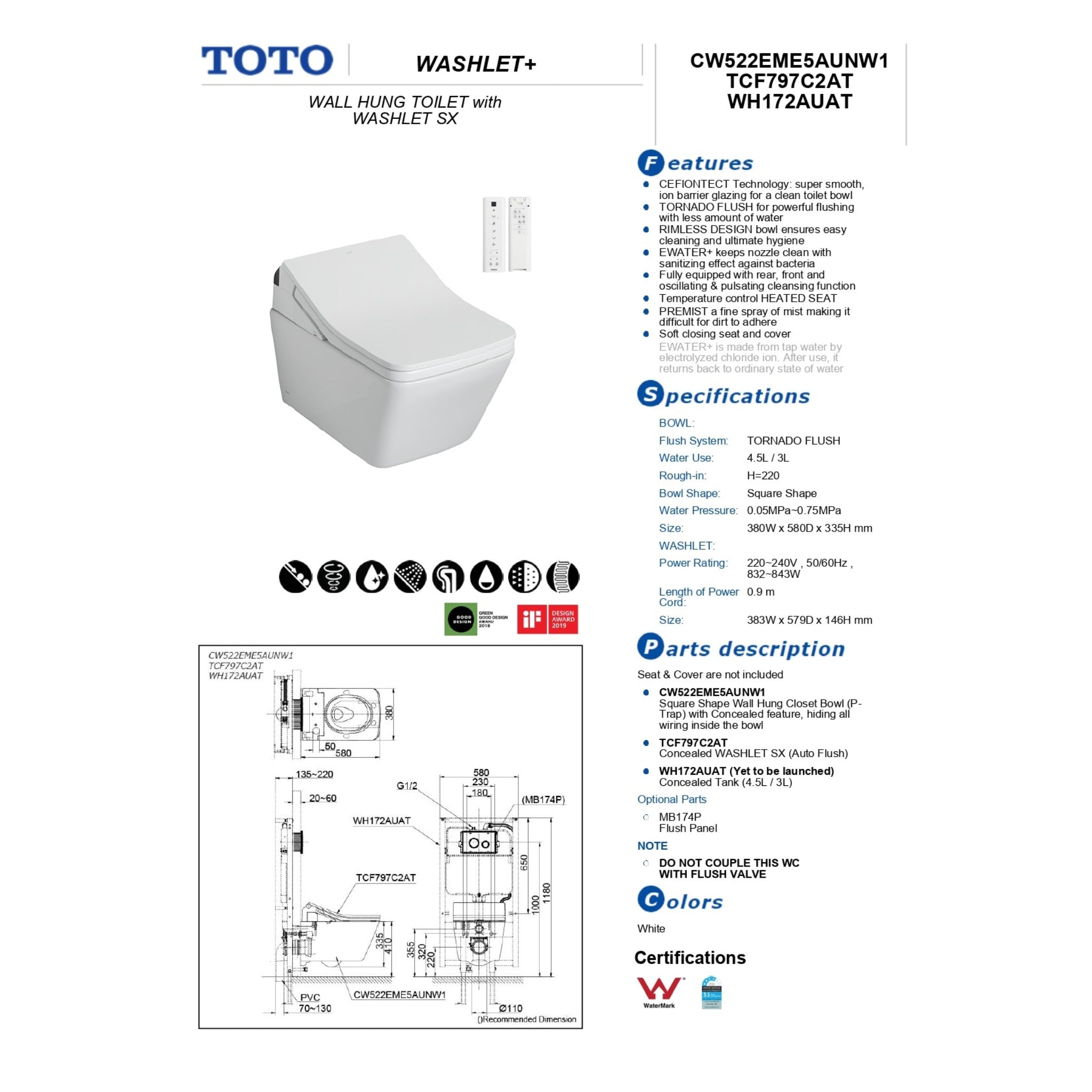 TOTO SX WALL HUNG TOILET WITH WASHLET W/ REMOTE CONTROL PACKAGE GLOSS WHITE