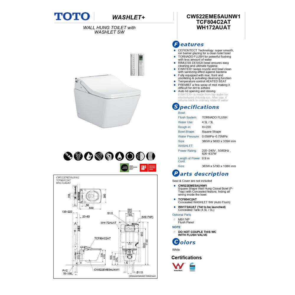 TOTO SW WALL HUNG TOILET WITH WASHLET PACKAGE W/ AUTOLID AND AUTOFLUSH GLOSS WHITE