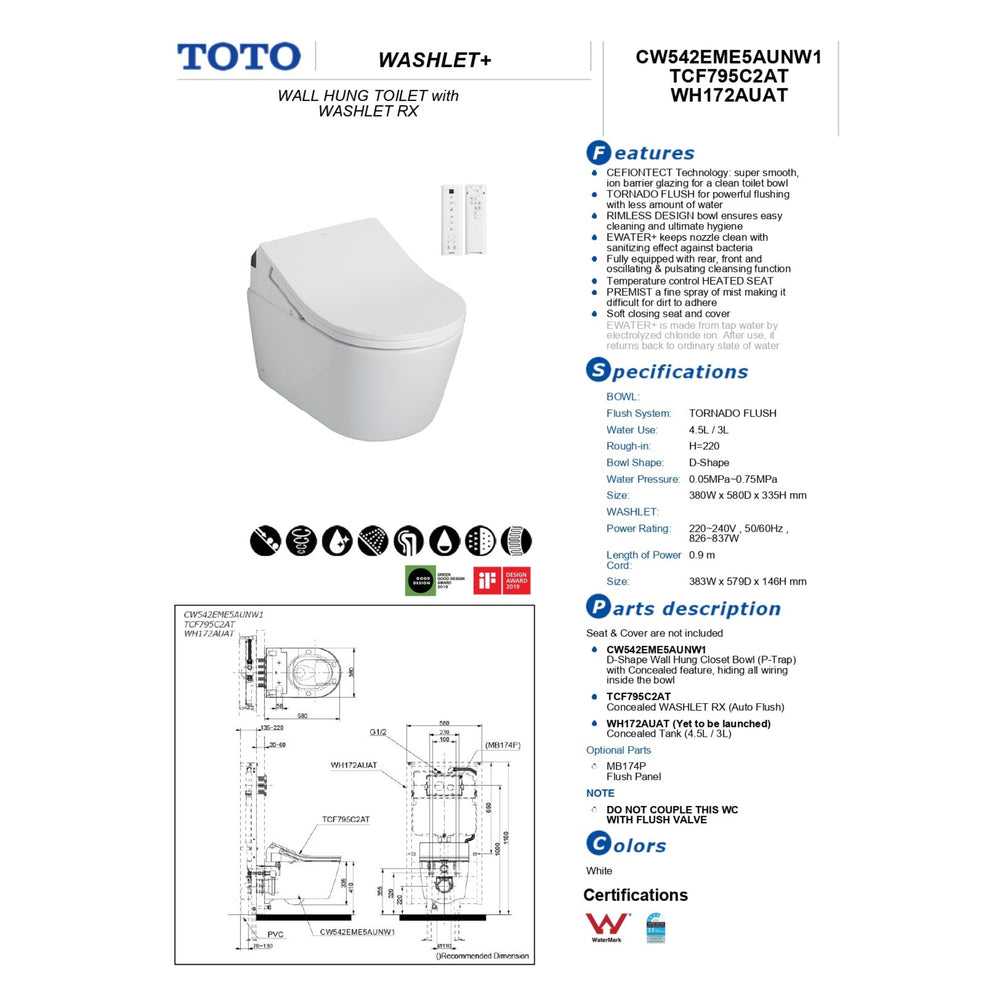 TOTO RX WALL HUNG TOILET WITH WASHLET W/ REMOTE CONTROL PACKAGE (D-SHAPE) GLOSS WHITE