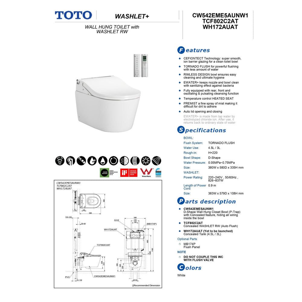 TOTO RW WALL HUNG TOILET WITH WASHLET PACKAGE W/ AUTOLID AND AUTOFLUSH (D-SHAPE) GLOSS WHITE