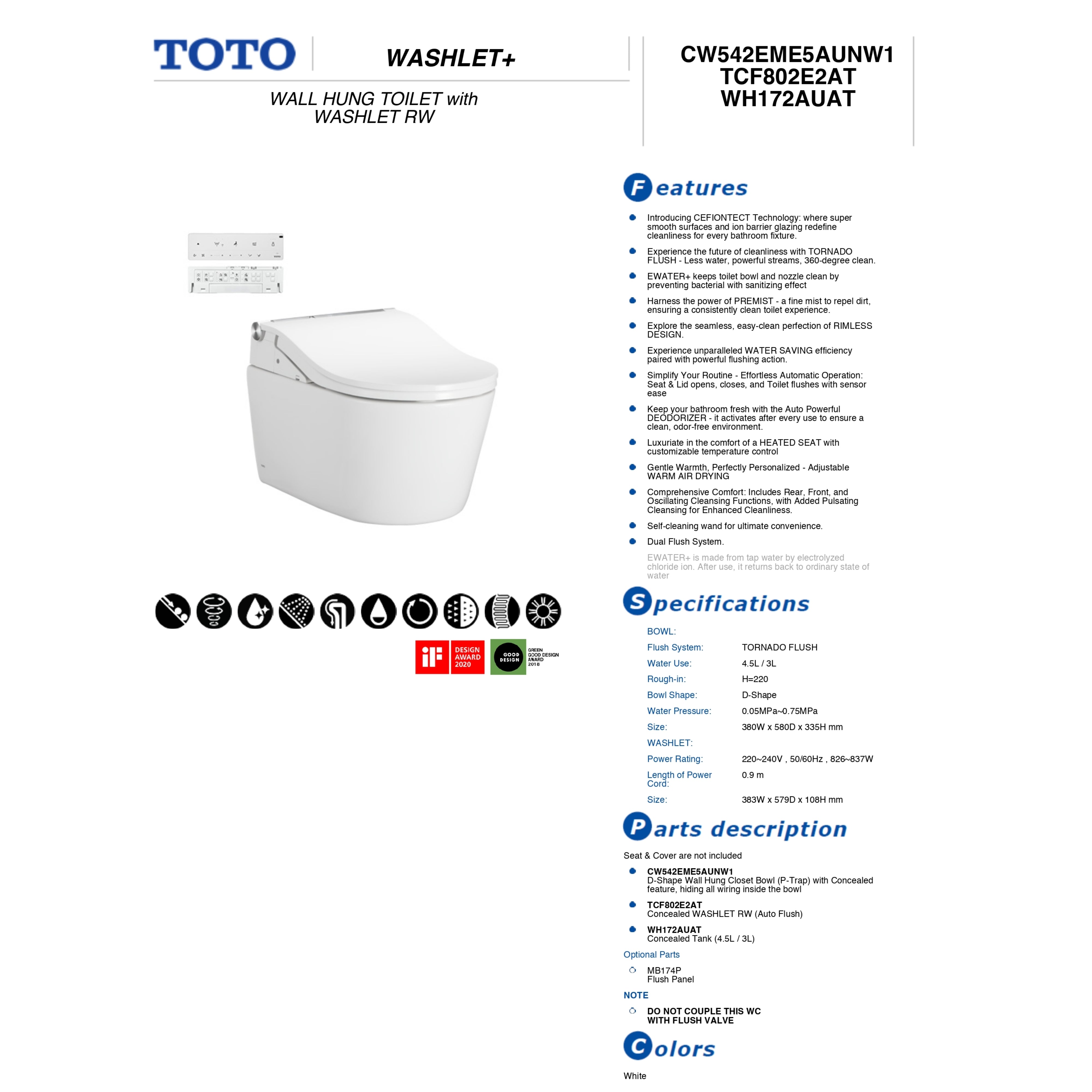TOTO RW WALL HUNG TOILET WITH WASHLET PACKAGE W/ AUTOLID AND AUTOFLUSH (D-SHAPE) GLOSS WHITE