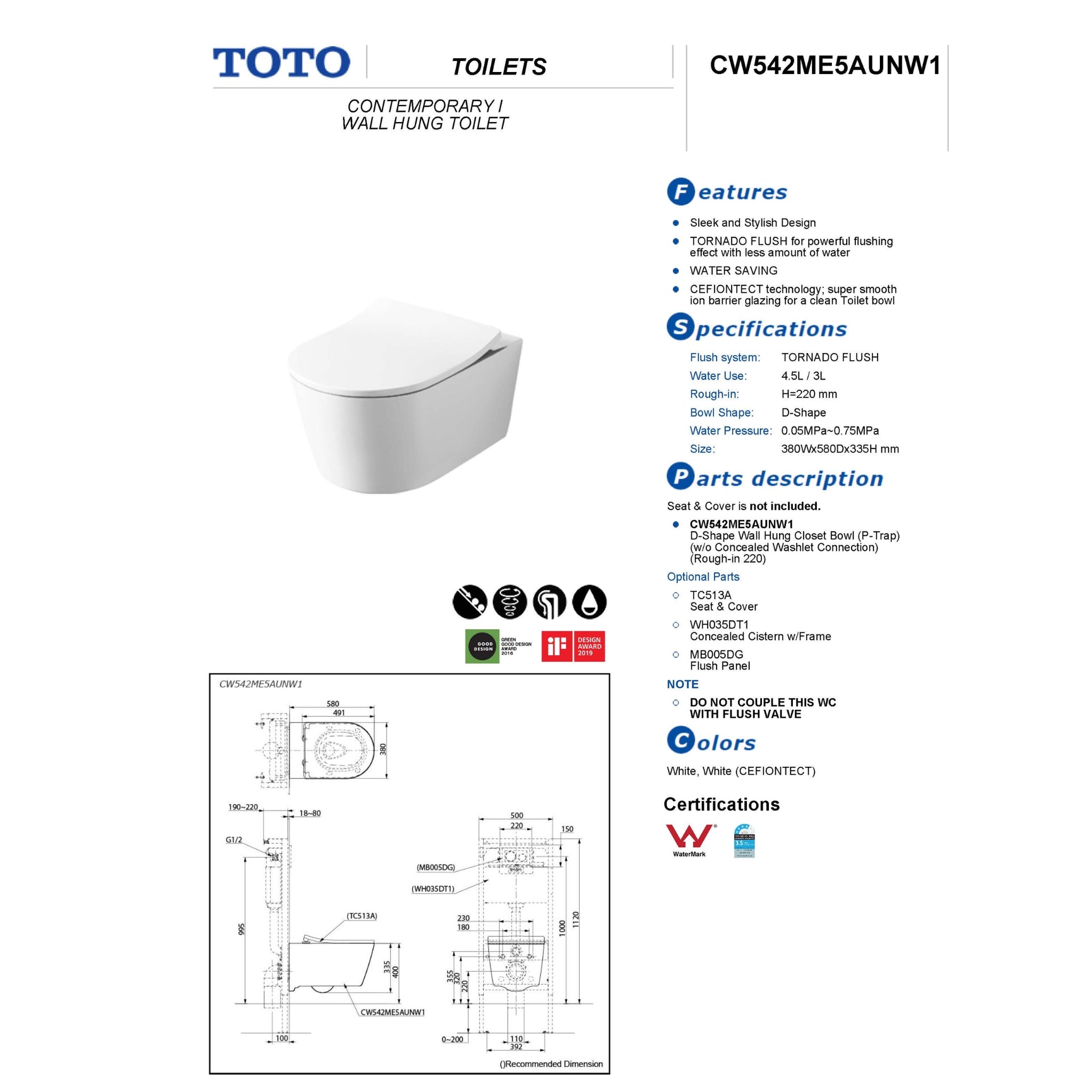 TOTO CONTEMPORARY I WALL HUNG TOILET (D-SHAPE) GLOSS WHITE