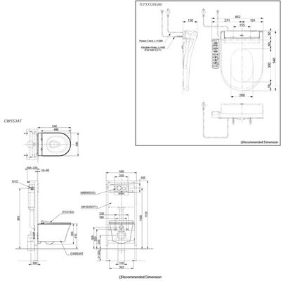 TOTO WALL HUNG RIMLESS TOILET AND S2 WASHLET W/ SIDE CONTROL PACKAGE D-SHAPE GLOSS WHITE