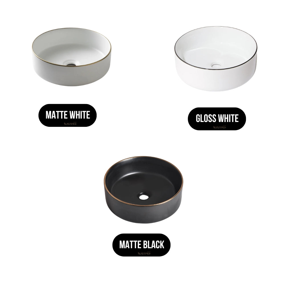 CLAYA ROUND ABOVE COUNTER BASIN MATTE WHITE GOLD RIM 360MM