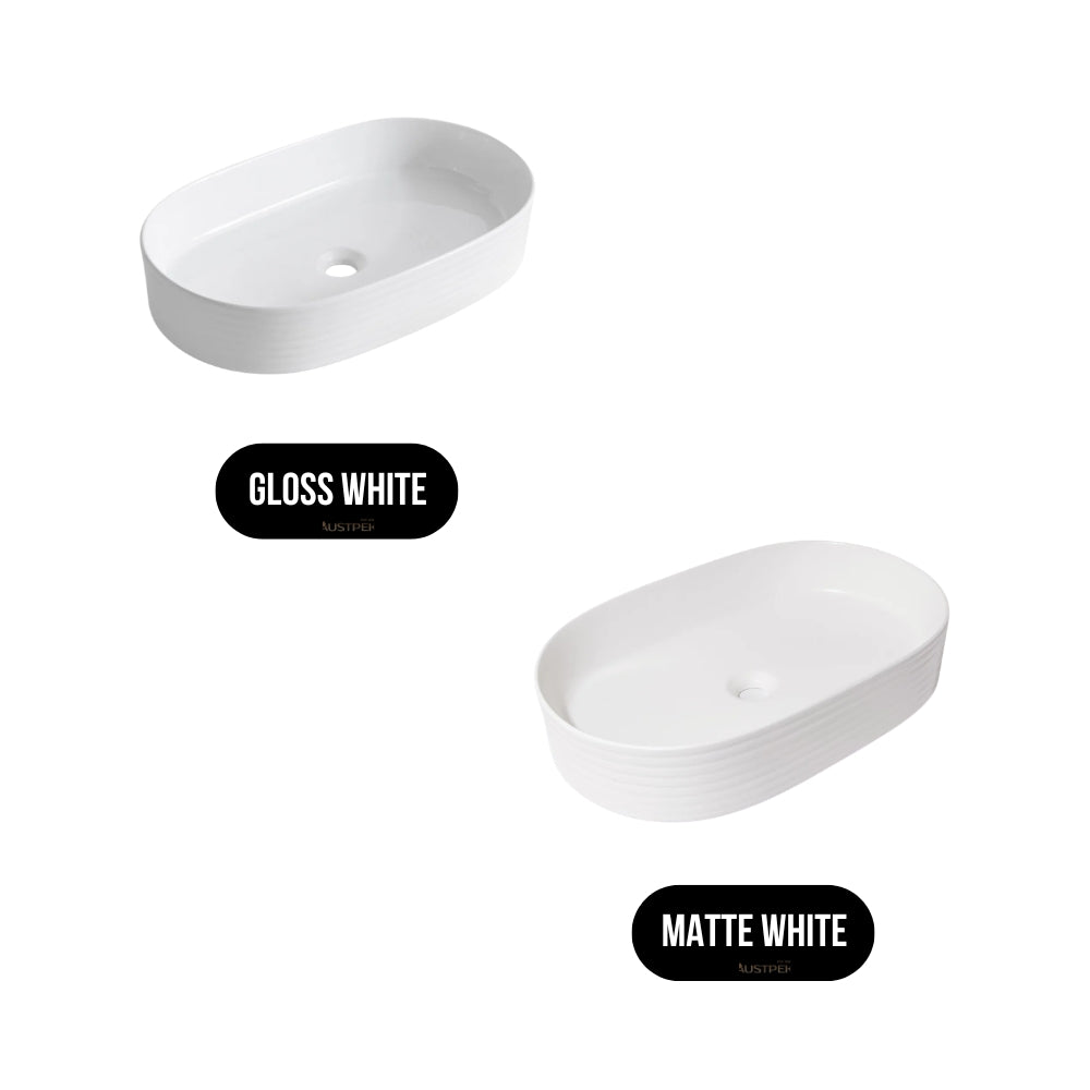 CLAYA PILL FLUTED ABOVE COUNTER BASIN GLOSS WHITE 605MM