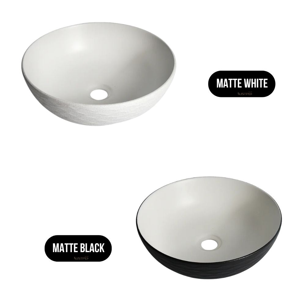 CLAYA POLAR WAVY ROUND ABOVE COUNTER BASIN TEXTURED MATTE WHITE 400MM