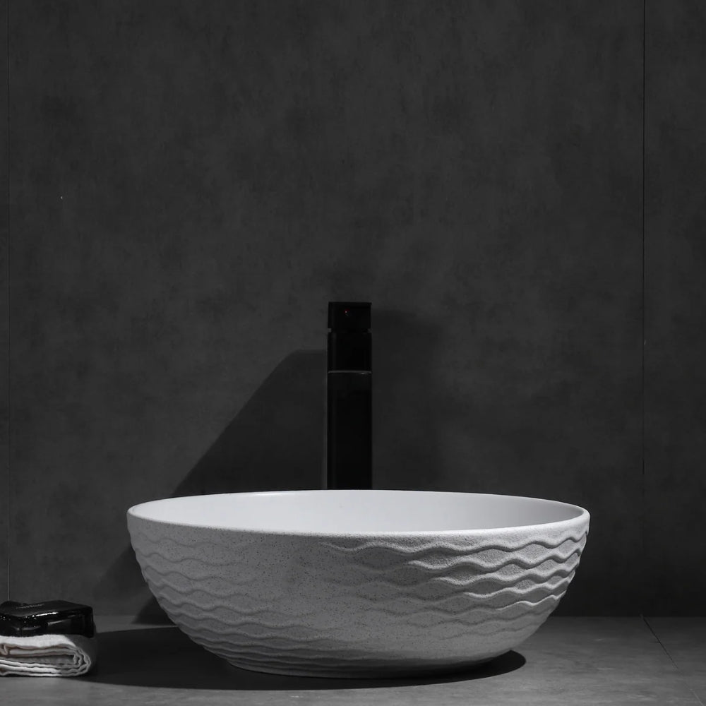 CLAYA POLAR WAVY ROUND ABOVE COUNTER BASIN TEXTURED MATTE WHITE 400MM