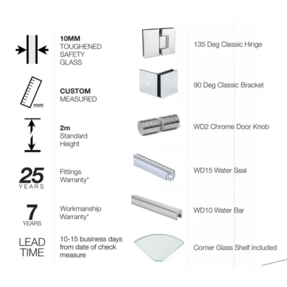VEROTTI CUSTOM FRAMELESS HEX CORNER SHOWER SCREEN SET-IN 1200MM
