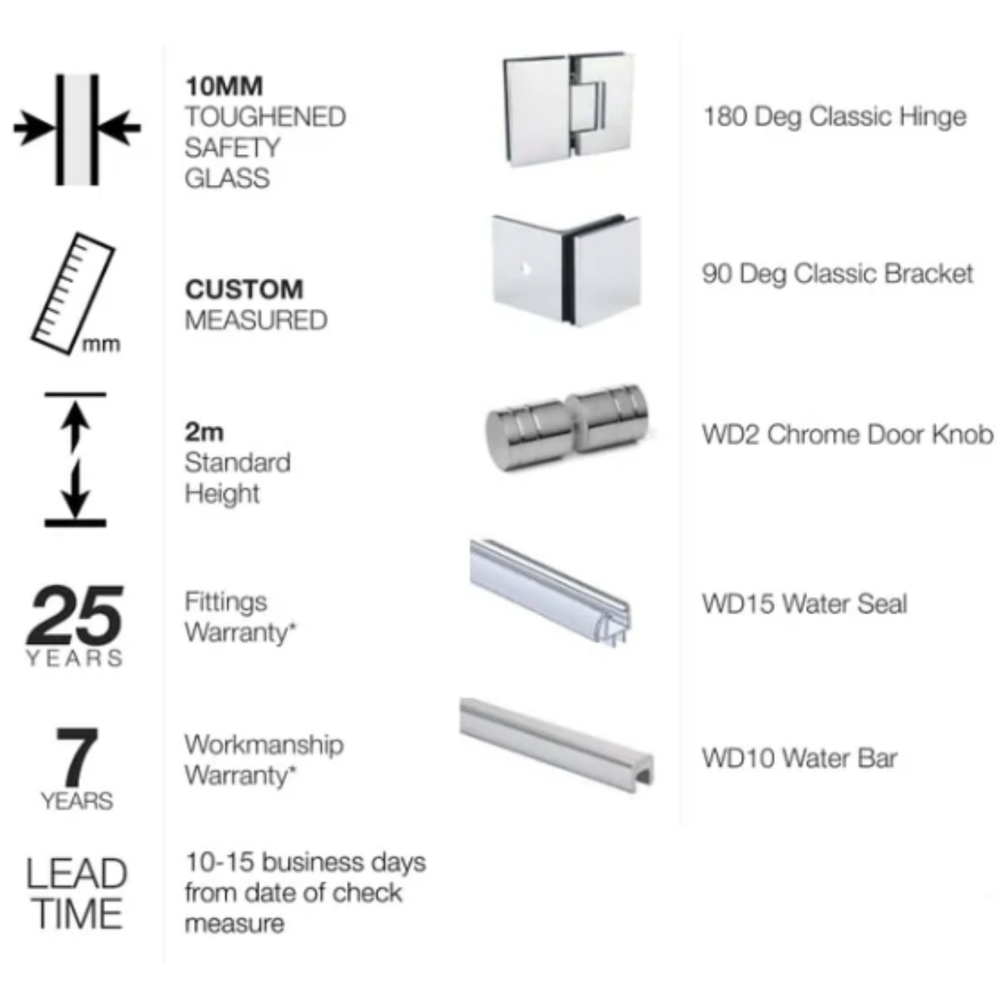 VEROTTI CUSTOM FRAMELESS 2 PANELS SHOWER SCREEN WALL-TO-WALL 1600MM