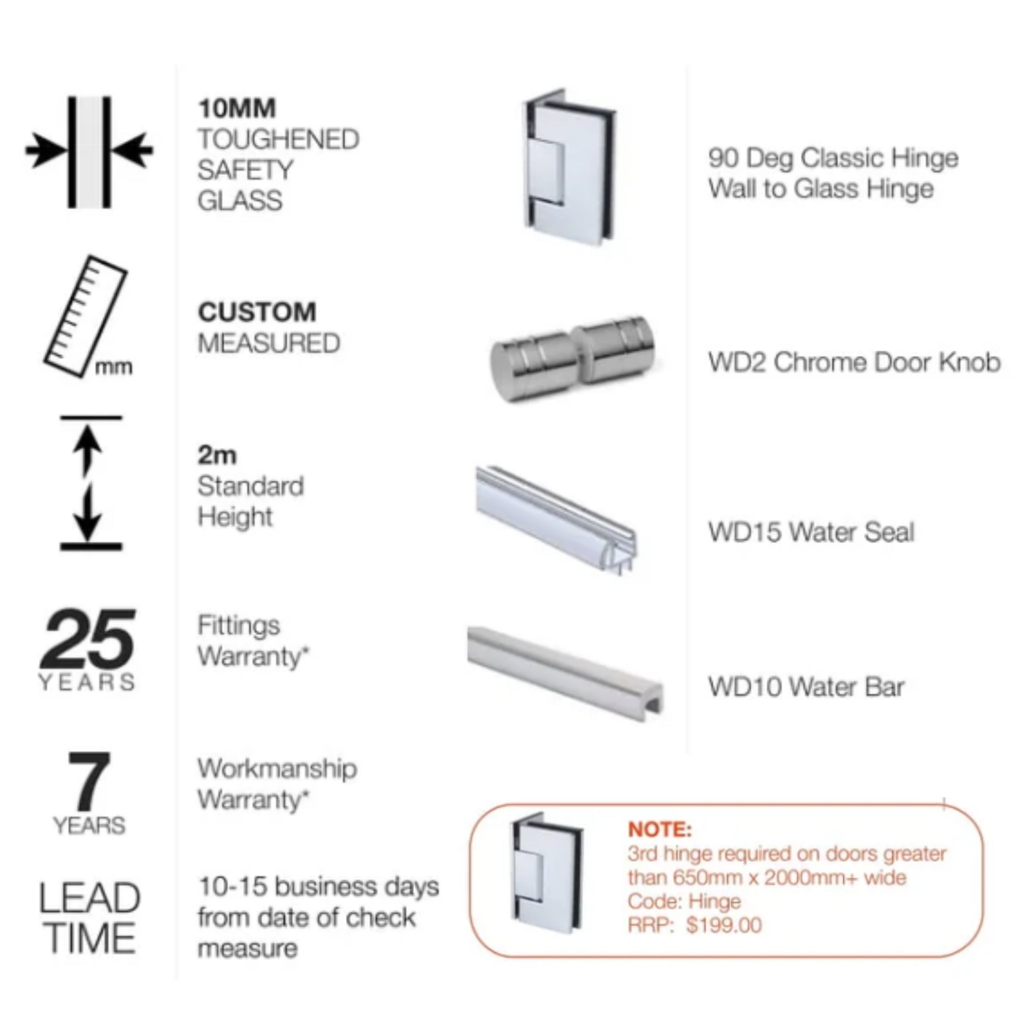 VEROTTI CUSTOM FRAMELESS SHOWER SCREEN WALL-TO-WALL WITH SWING DOOR 800MM