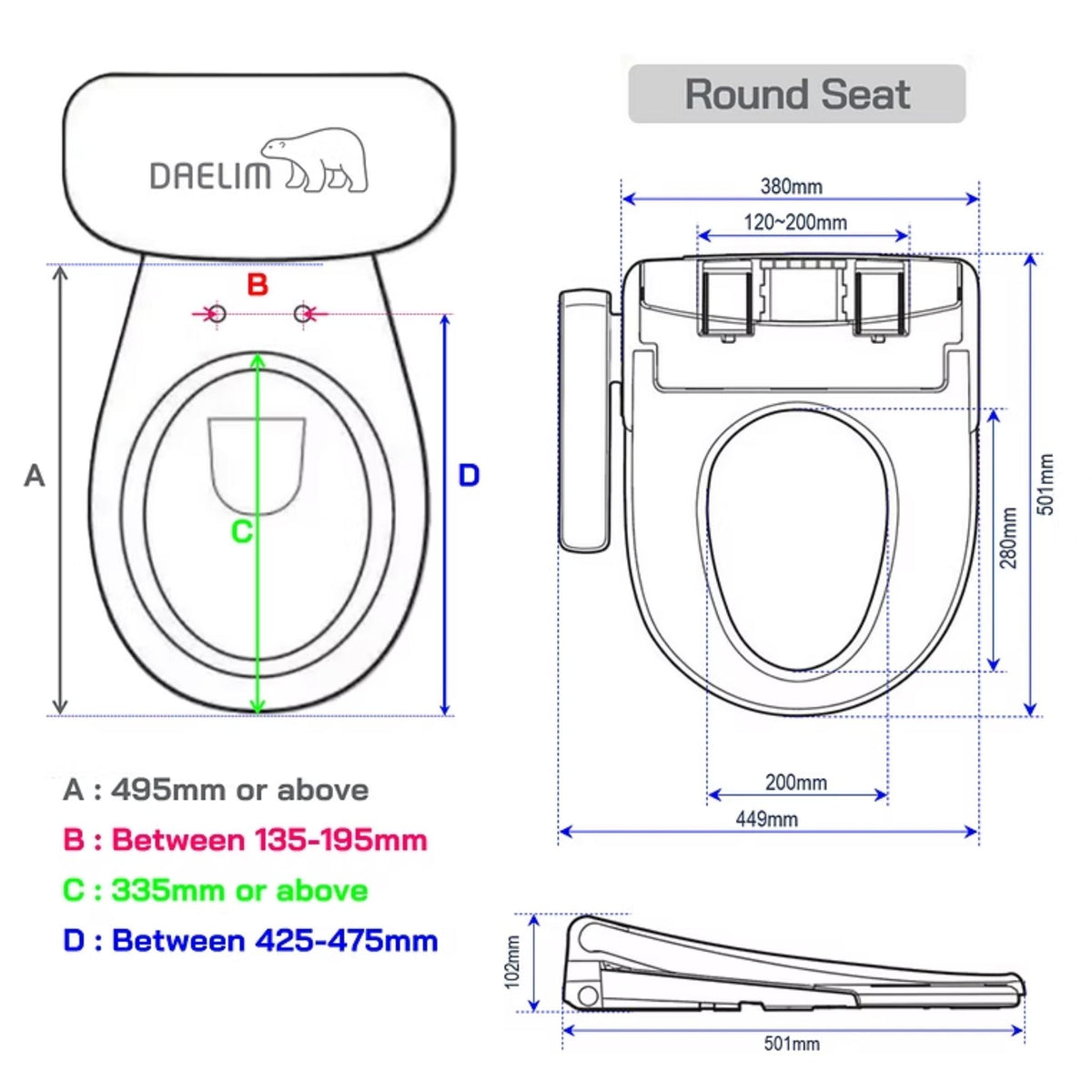 DAELIM ULTRA SLIM SMART BIDET SEAT WITH SIDE CONTROL ROUND GLOSS WHITE