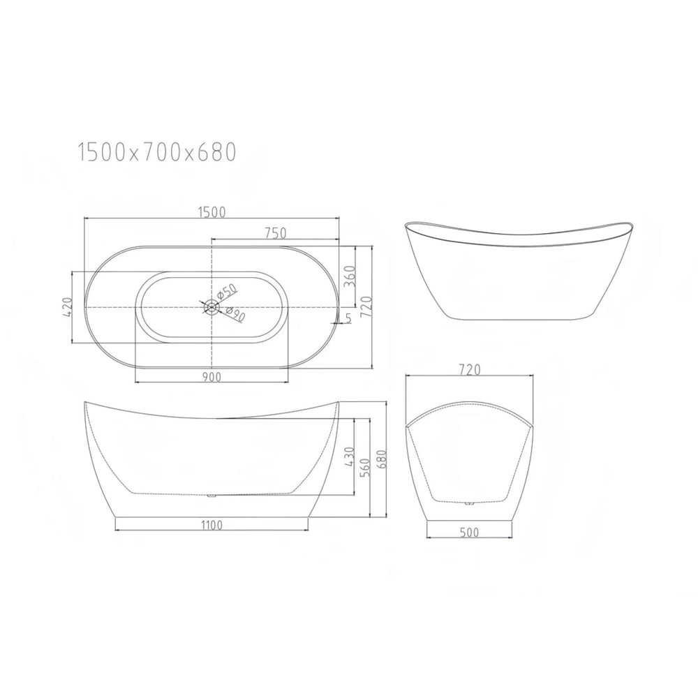 MERCIO DISNEY ULTRA THIN FREESTANDING BATHTUB GLOSS WHITE 1500MM
