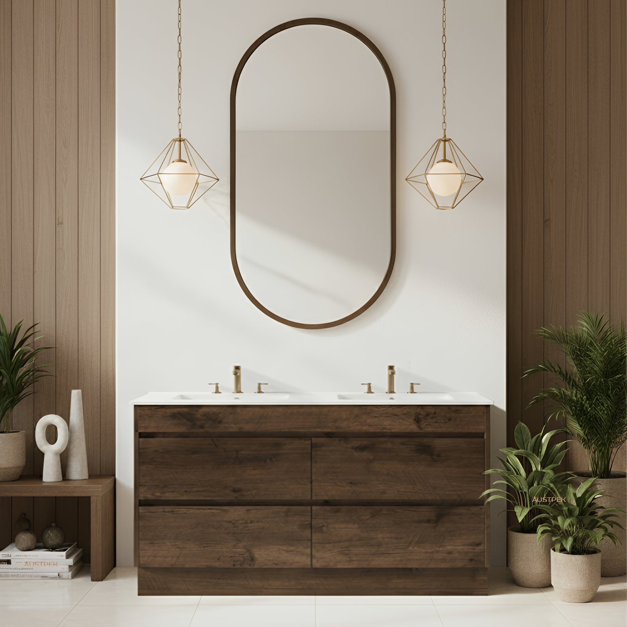 POSEIDON QUBIST DARK OAK 1500MM DOUBLE BOWL FREE STANDING VANITY