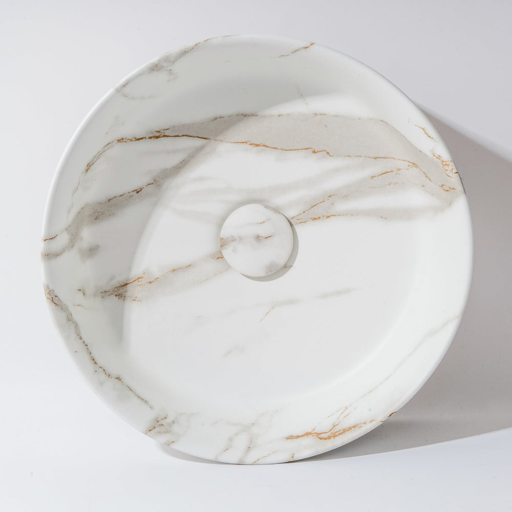 CLAYA ROUND ABOVE COUNTER BASIN MATTE WHITE CARRARA MARBLE LOOK 360MM