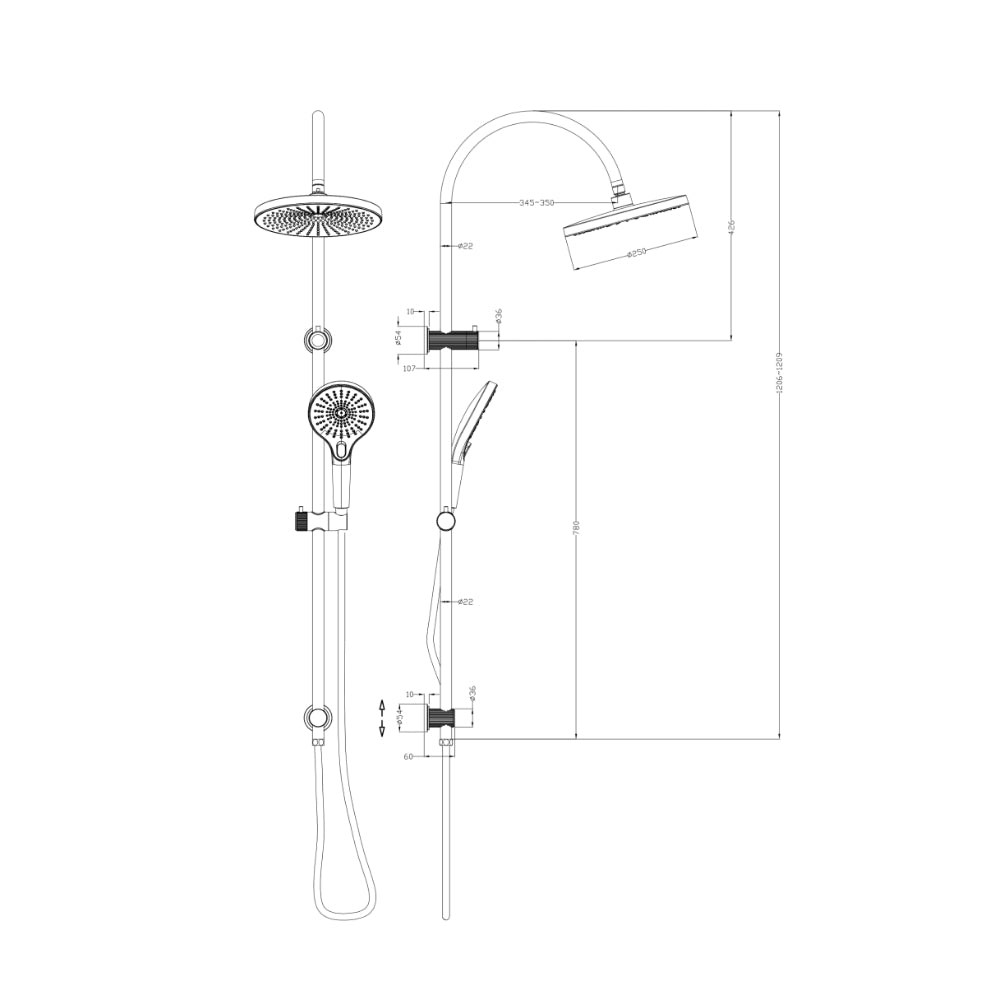 BELLA VISTA MICA GOOSENECK DUAL SHOWER RAIL 1206MM FRENCH GOLD