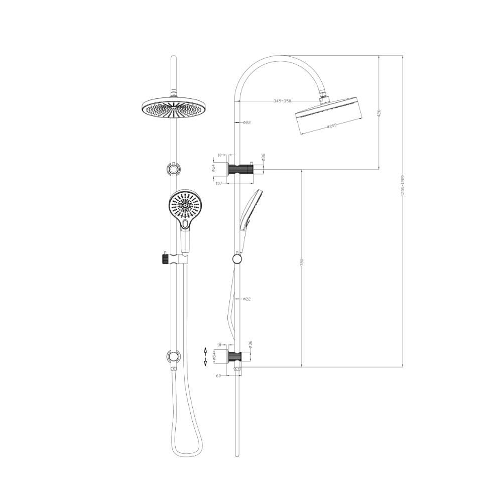 BELLA VISTA MICA FLUTED GOOSENECK DUAL SHOWER RAIL 1200MM FRENCH GOLD
